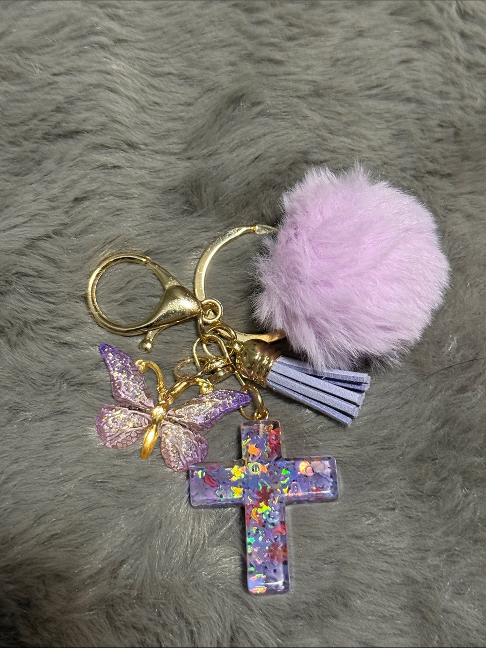 3 For10🎉Purple Pom & Butterfly Bag Charm/Keychain with Glitter Cross